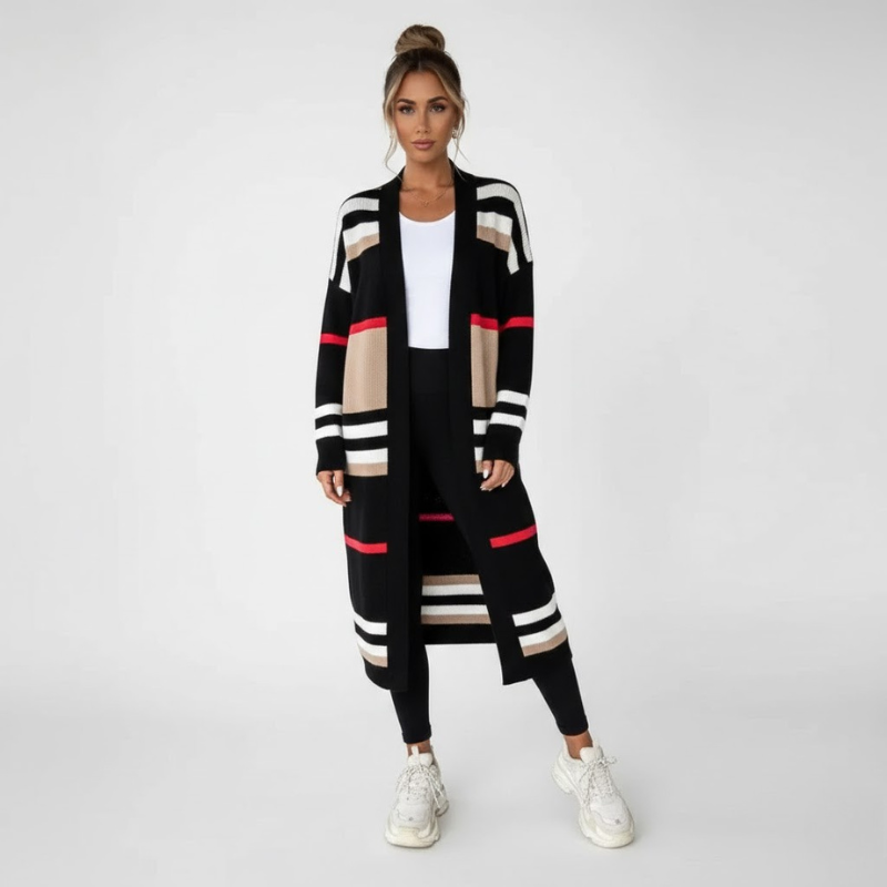 Długi kardigan w paski z dzianiny damskiej – niezbędnik do noszenia warstwowego