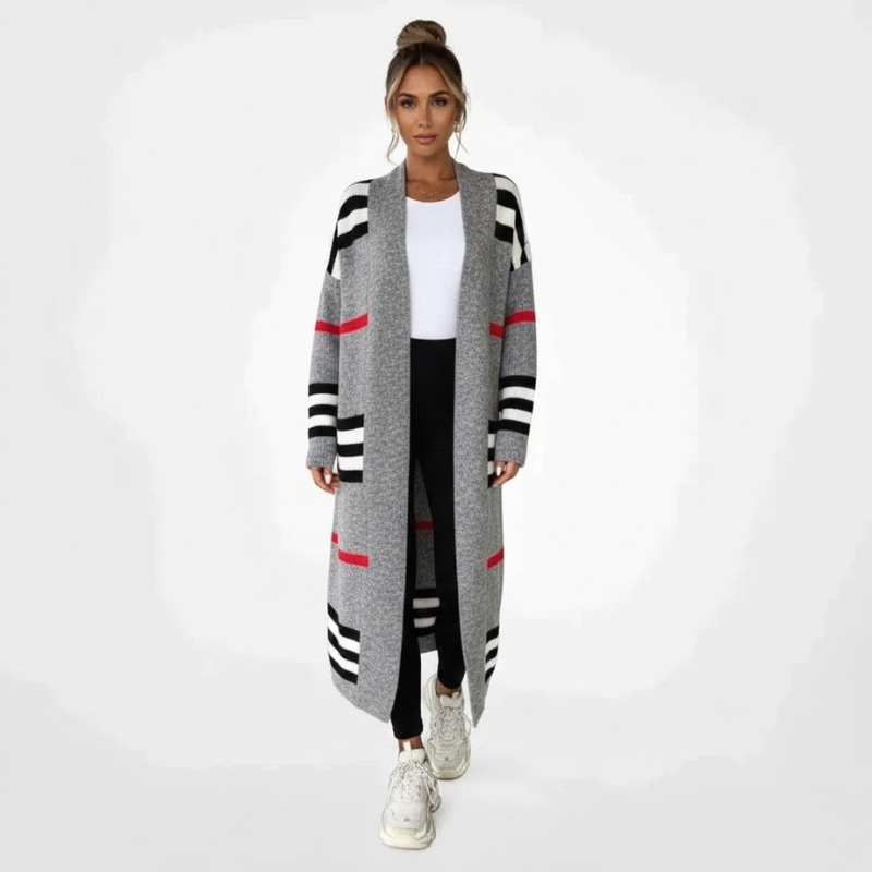 Długi kardigan w paski z dzianiny damskiej – niezbędnik do noszenia warstwowego