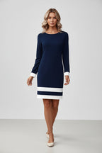Women's Color Block Midi Dress - Elegant Long Sleeve Office Dress