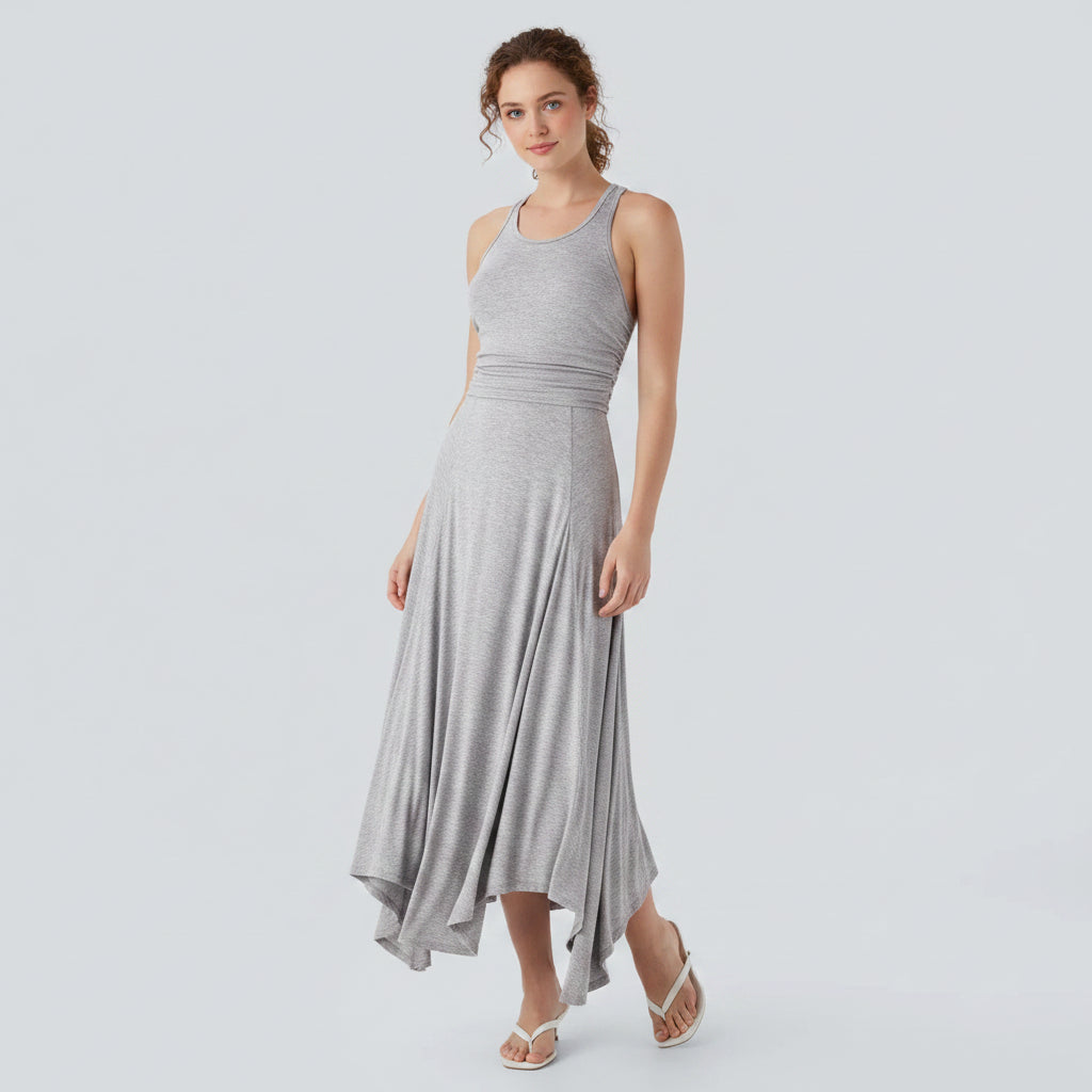 Modern maxi dress – ruched waist and eye-catching asymmetrical hem