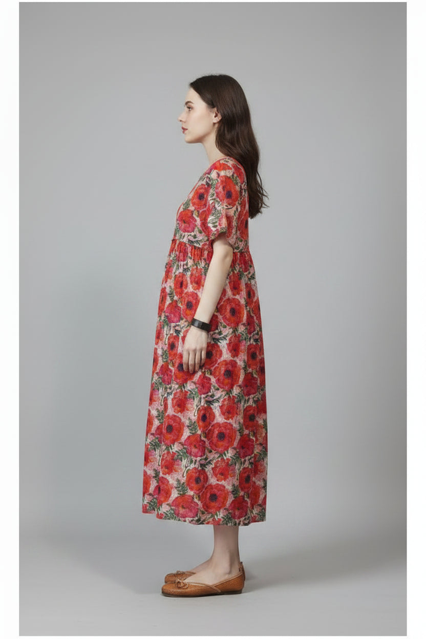 Sukienka damska plus size z kwiatowym wzorem w kształcie litery A – letni styl z krótkim rękawem inspirowany stylem vintage