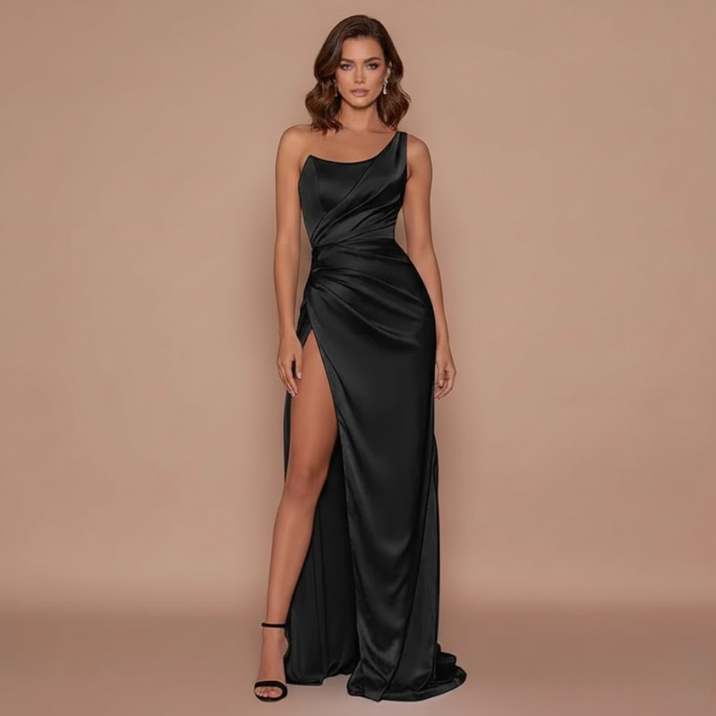 Elegancka, jednoramienna sukienka maxi dla kobiet – efektowne rozcięcie z wysokim rozcięciem dla gości weselnych