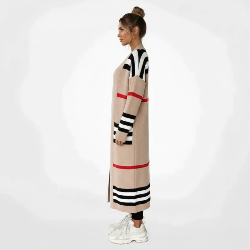 Długi kardigan w paski z dzianiny damskiej – niezbędnik do noszenia warstwowego