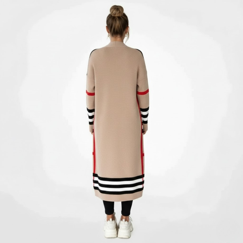 Długi kardigan w paski z dzianiny damskiej – niezbędnik do noszenia warstwowego