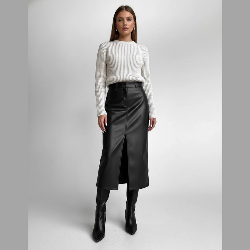 Czarna długa spódnica ze sztucznej skóry – wysoki stan, wyrazista sylwetka