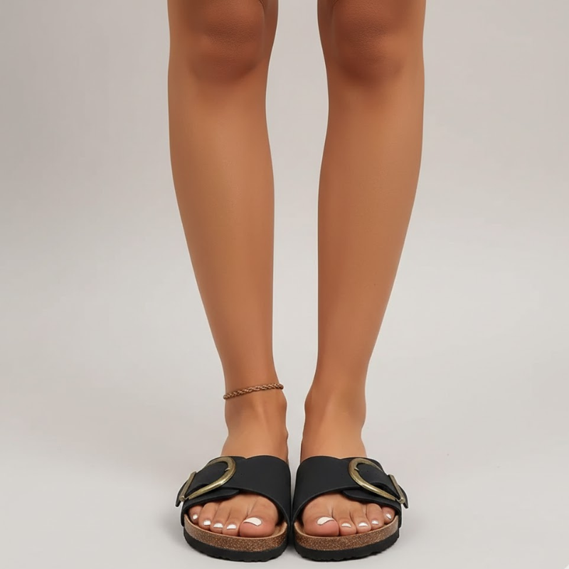 Elegant women's open-toe sandals with buckles – easy to slip on, flat, providing comfort for summer