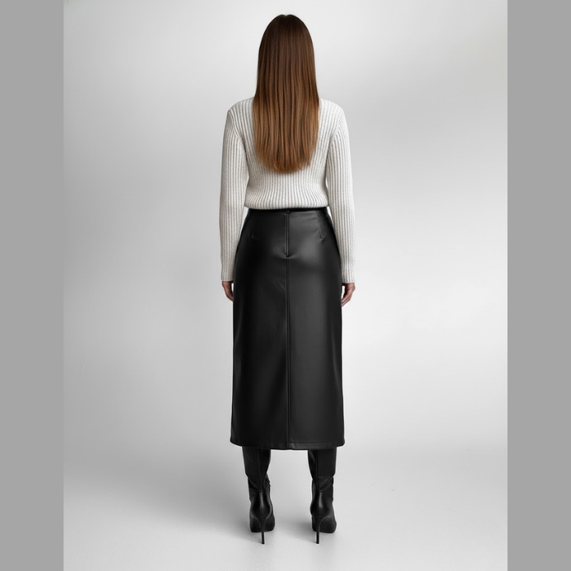 Czarna długa spódnica ze sztucznej skóry – wysoki stan, wyrazista sylwetka