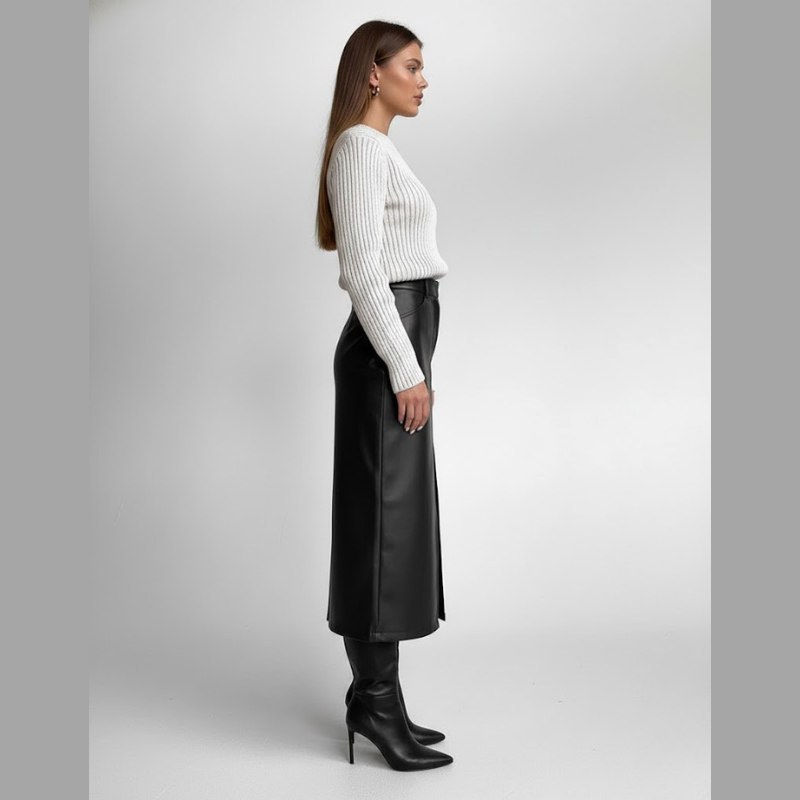 Czarna długa spódnica ze sztucznej skóry – wysoki stan, wyrazista sylwetka