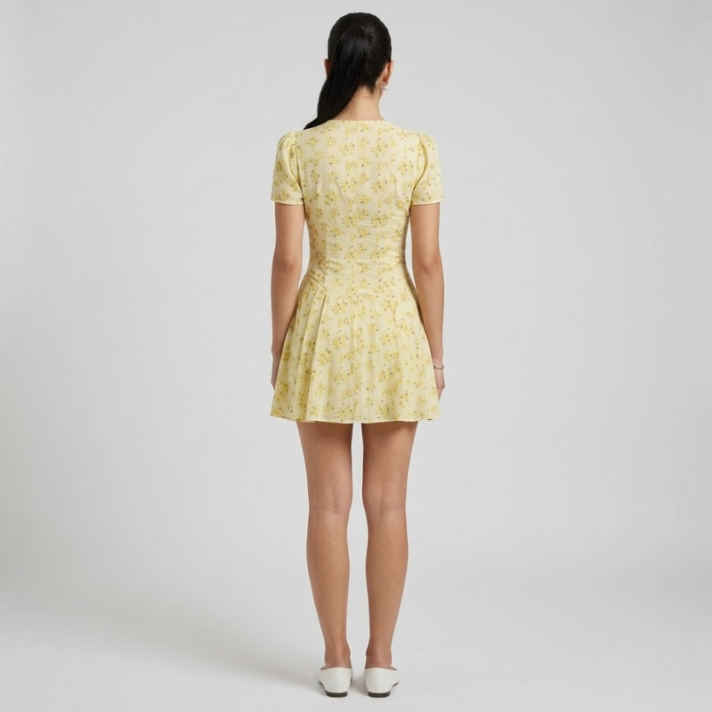 Letnia mini sukienka z kwiatowym dekoltem w serek – świeży, lekki damski, swobodny strój na święta