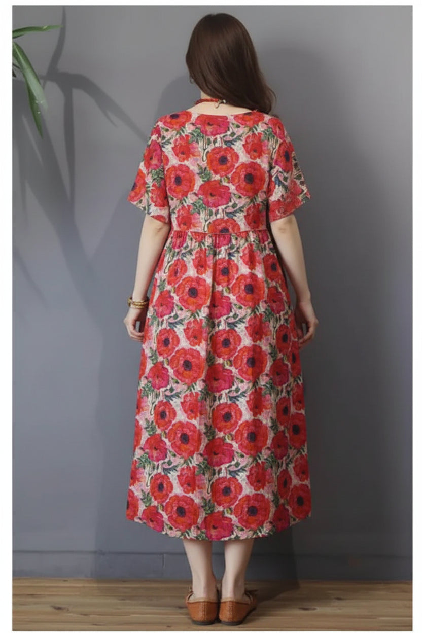 Sukienka damska plus size z kwiatowym wzorem w kształcie litery A – letni styl z krótkim rękawem inspirowany stylem vintage