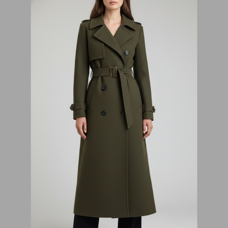 Nowoczesny damski długi płaszcz typu trencz – elegancka sylwetka z paskiem