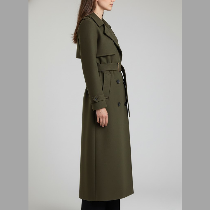 Nowoczesny damski długi płaszcz typu trencz – elegancka sylwetka z paskiem