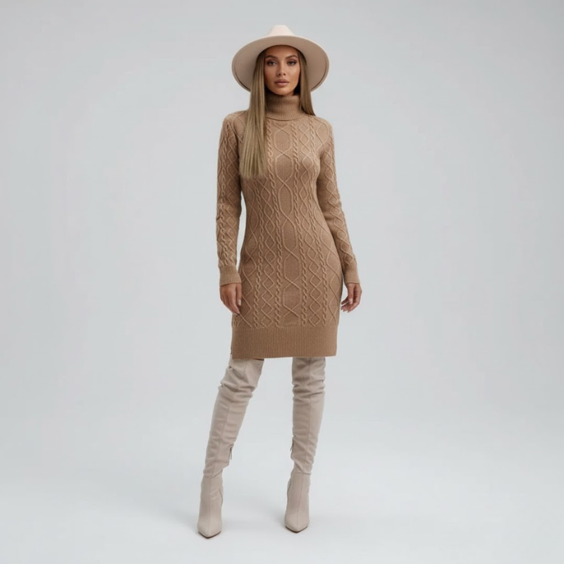 Wygodna dzianinowa sukienka midi z długim rękawem dla kobiet – elegancka wygoda na co dzień