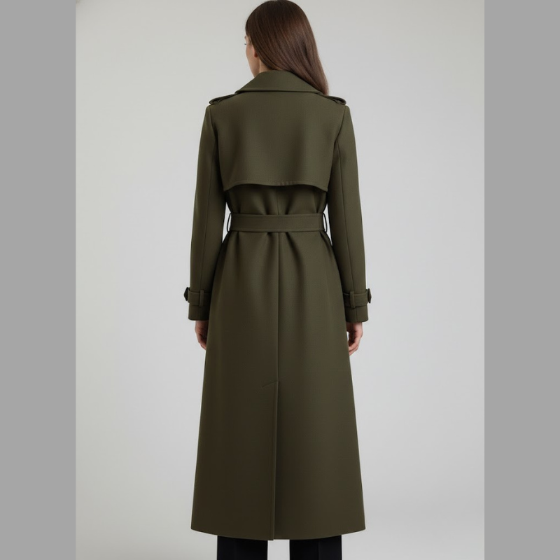Nowoczesny damski długi płaszcz typu trencz – elegancka sylwetka z paskiem