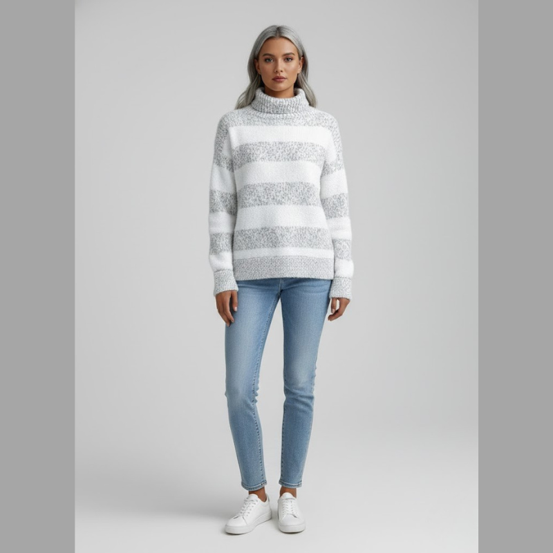 Przytulny golf damski w paski – lekki styl z mieszanki bawełny