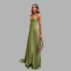 Elegant lace maxi dress with halter for women - airy pleated skirt, formal gown
