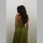 Elegant lace maxi dress with halter for women - airy pleated skirt, formal gown