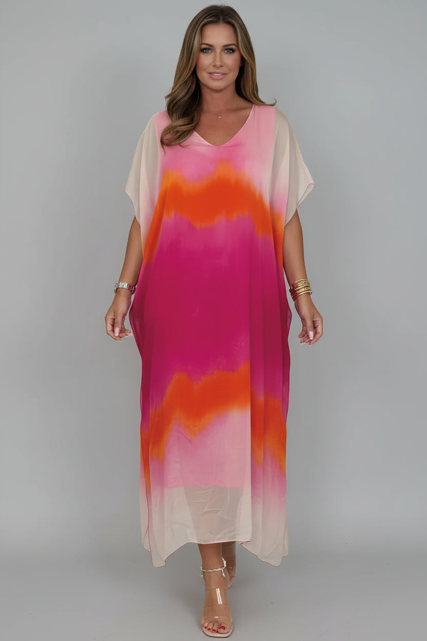 Sukienka kaftan w dużym rozmiarze z nadrukiem tie-dye – lekka sukienka plażowa w stylu boho