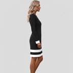 Women's Color Block Midi Dress - Elegant Long Sleeve Office Dress