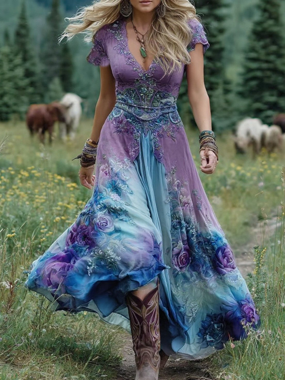 Clio | Damska sukienka maxi w kwiaty – zwiewna, w stylu bohemy, z dekoltem w serek