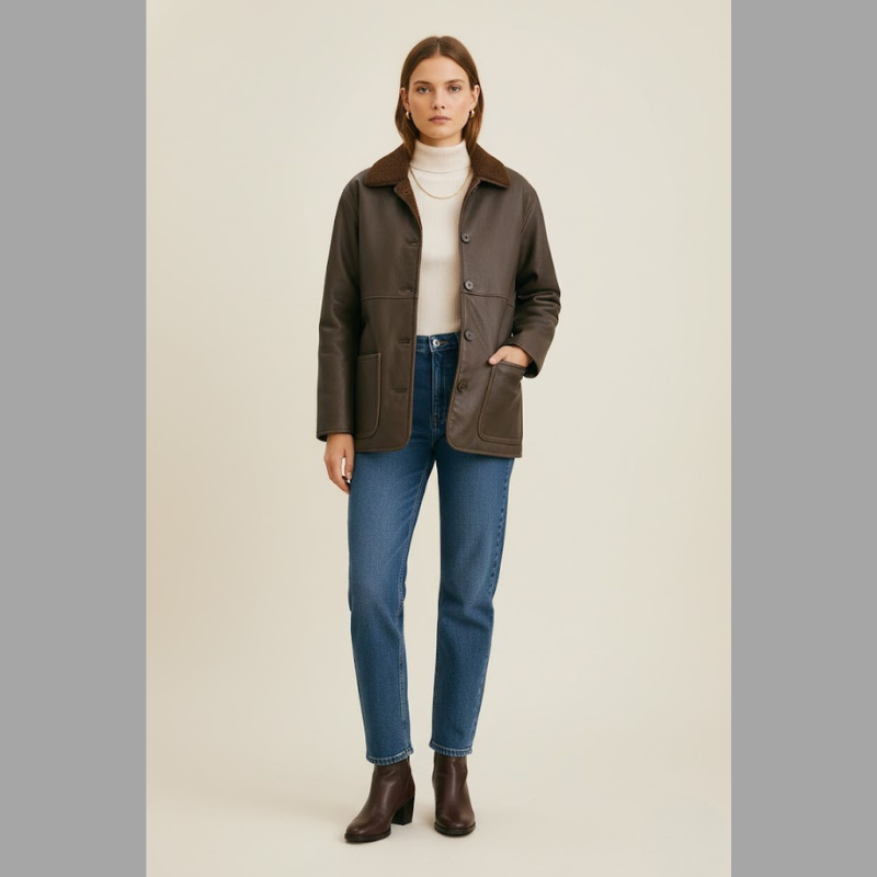 Women’s Reversible Faux Leather Fleece Jacket – Stylish Warm Comfort