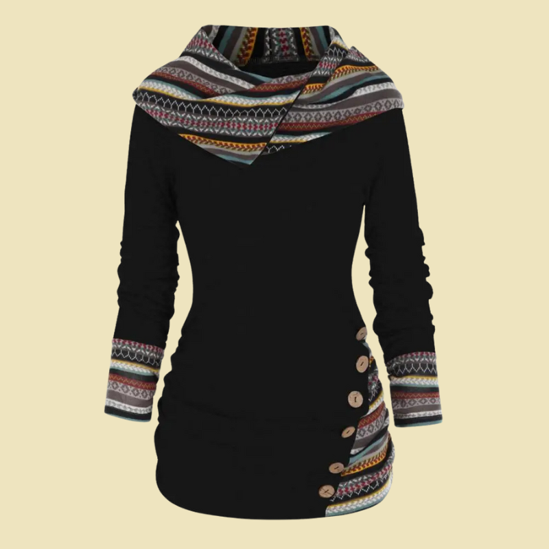 Damski sweter z kapturem – ciepły, zimowy, etniczny wzór