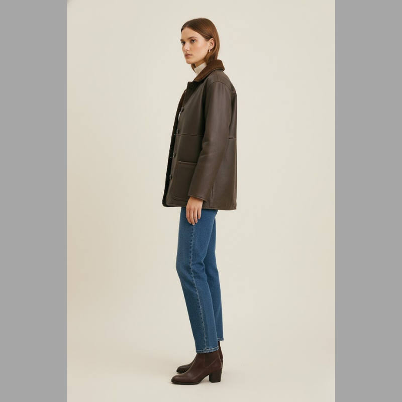 Women’s Reversible Faux Leather Fleece Jacket – Stylish Warm Comfort