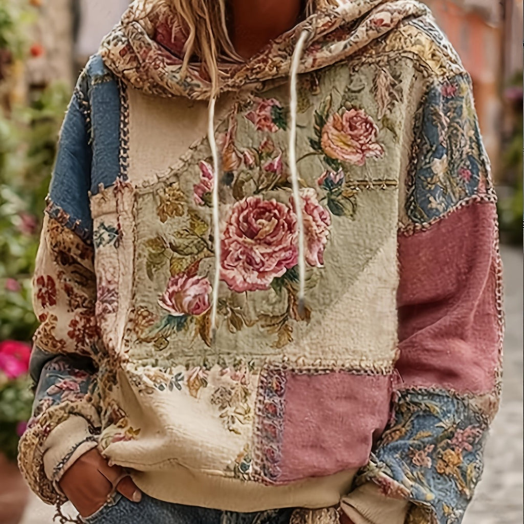 Milani | Damska bluza z kapturem w stylu casualowym z nadrukiem – retro kwiatowy wzór w stylu patchworku
