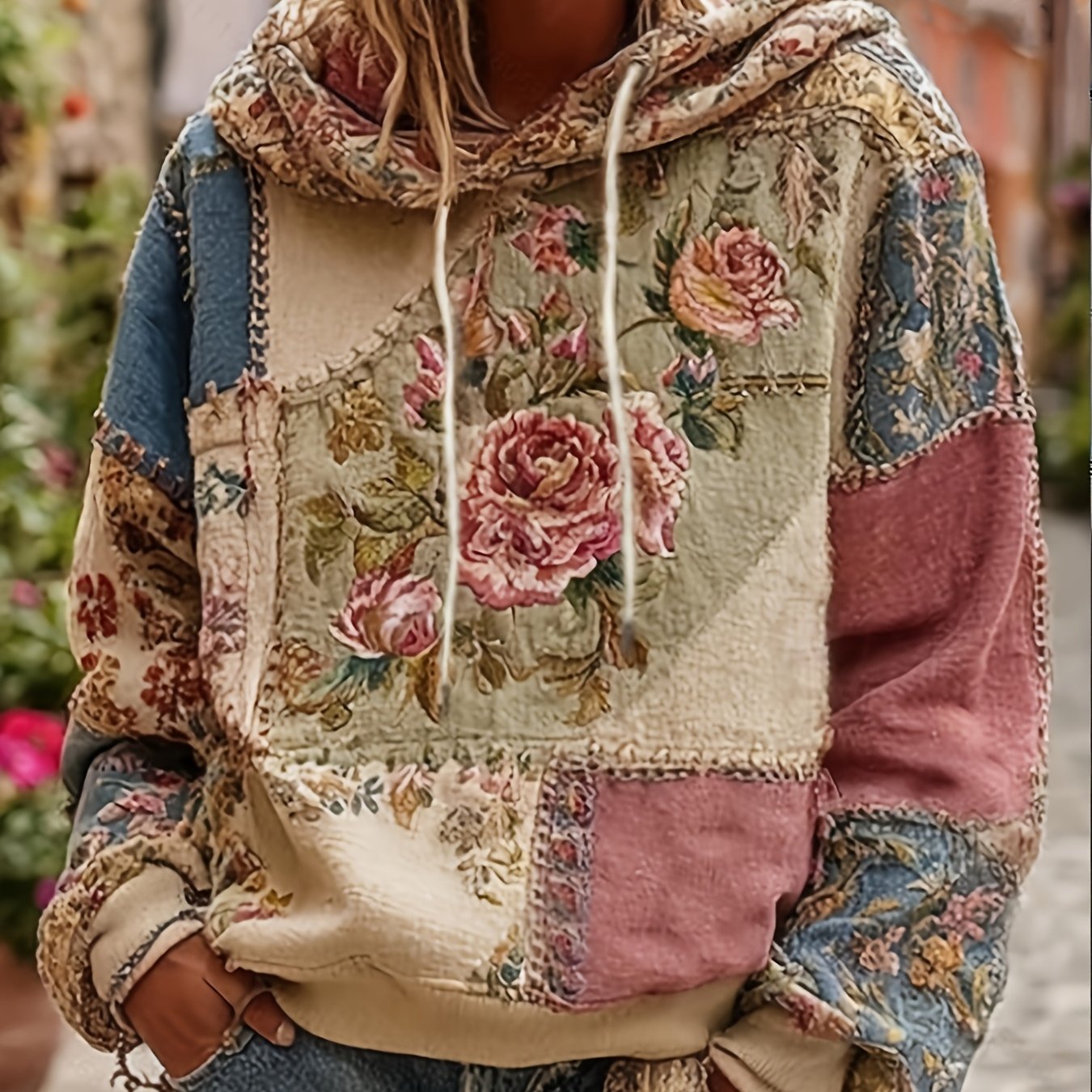 Milani | Damska bluza z kapturem w stylu casualowym z nadrukiem – retro kwiatowy wzór w stylu patchworku