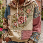 Zella | Damska bluza z kapturem w stylu bohemy – retro kwiatowy wzór, patchworkowy krój