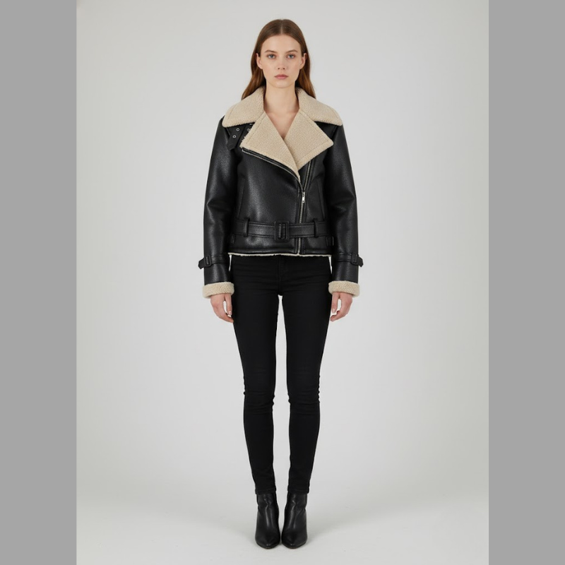 Wygodna damska kurtka typu bomber ze sztucznej skóry – modna kurtka z podszewką z materiału Sherpa