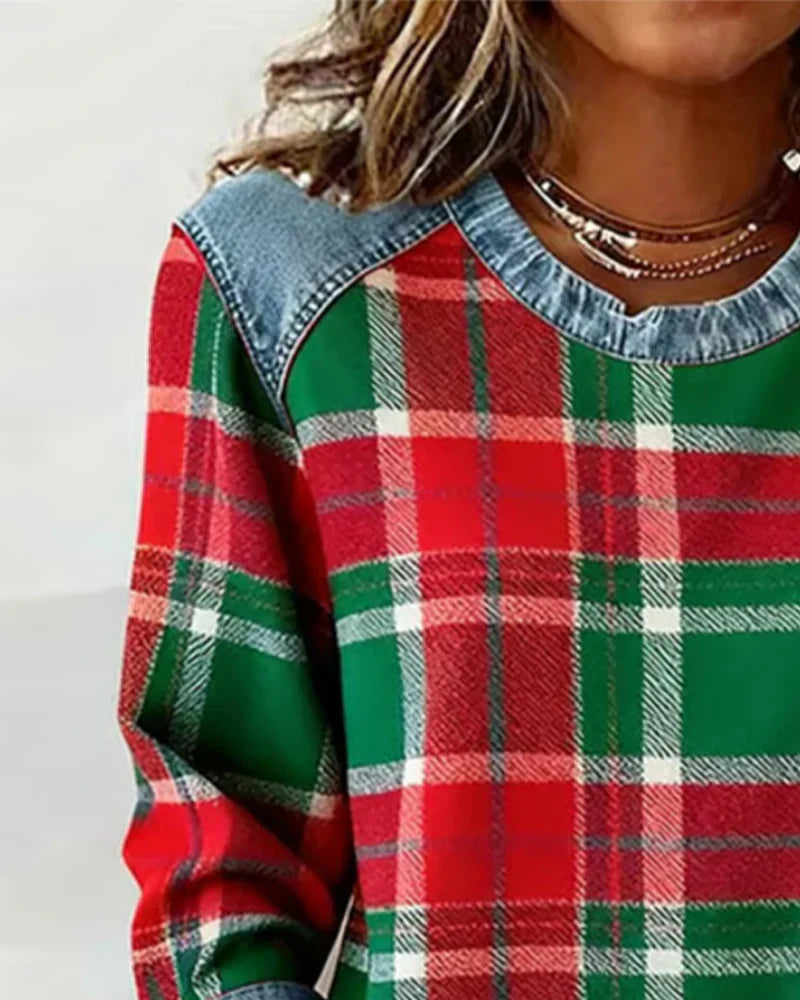 Clover | Damska sweter z patchworku z dżinsu – sweter z długim rękawem z dzianiny w kratę