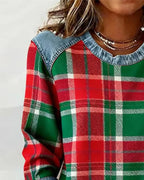 Clover | Damska sweter z patchworku z dżinsu – sweter z długim rękawem z dzianiny w kratę