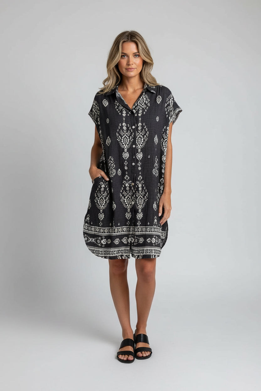 Sukienka midi w stylu boho z nadrukiem dla kobiet – luźny, swobodny styl