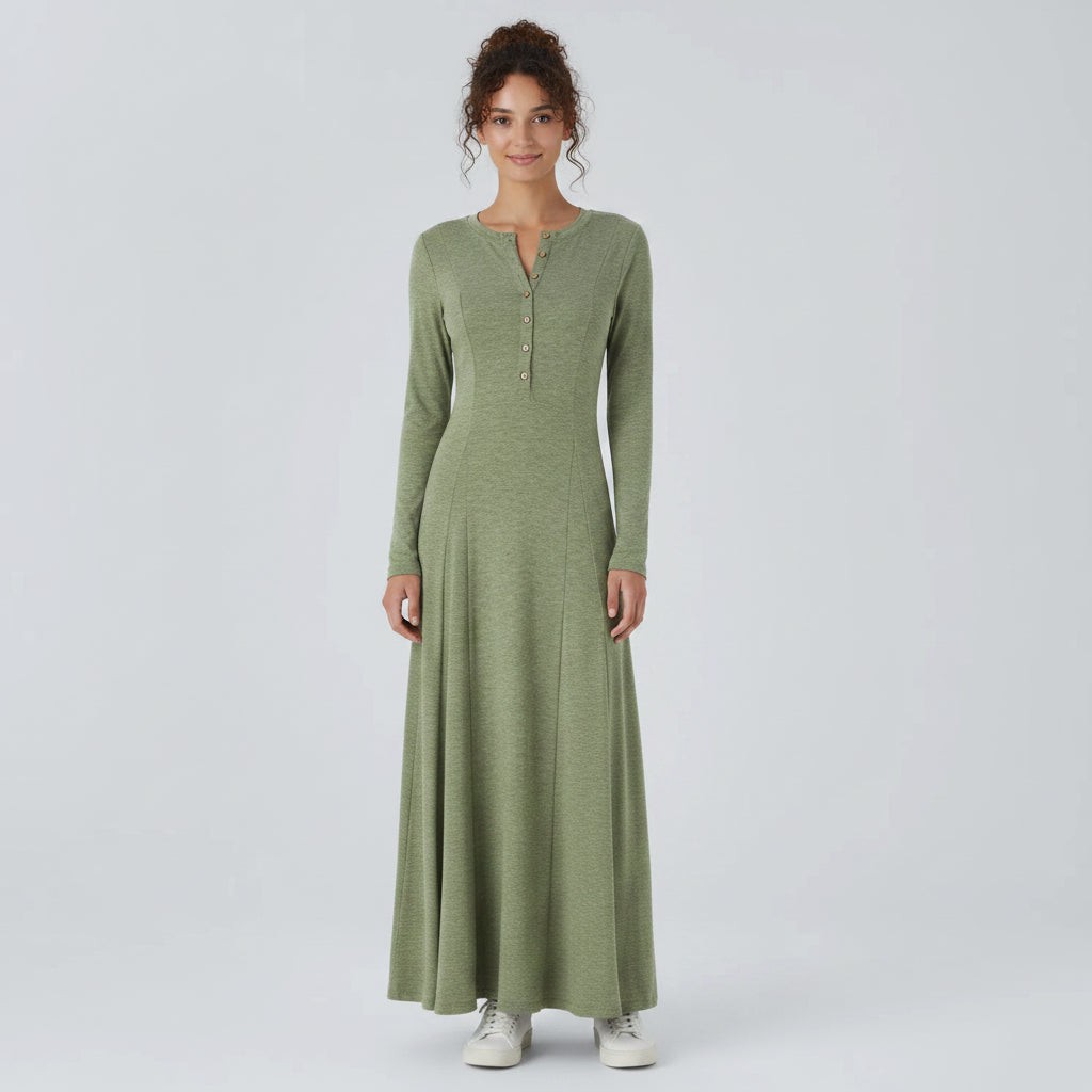 Stylowa długa sukienka Henley – rozkloszowana, długa sukienka z wygodnym, swobodnym krojem