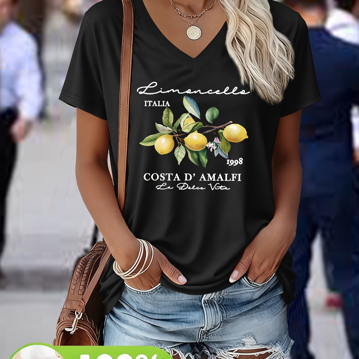 Tavia | Damski T-shirt z nadrukiem i dekoltem w serek – gruba bluzka z krótkim rękawem