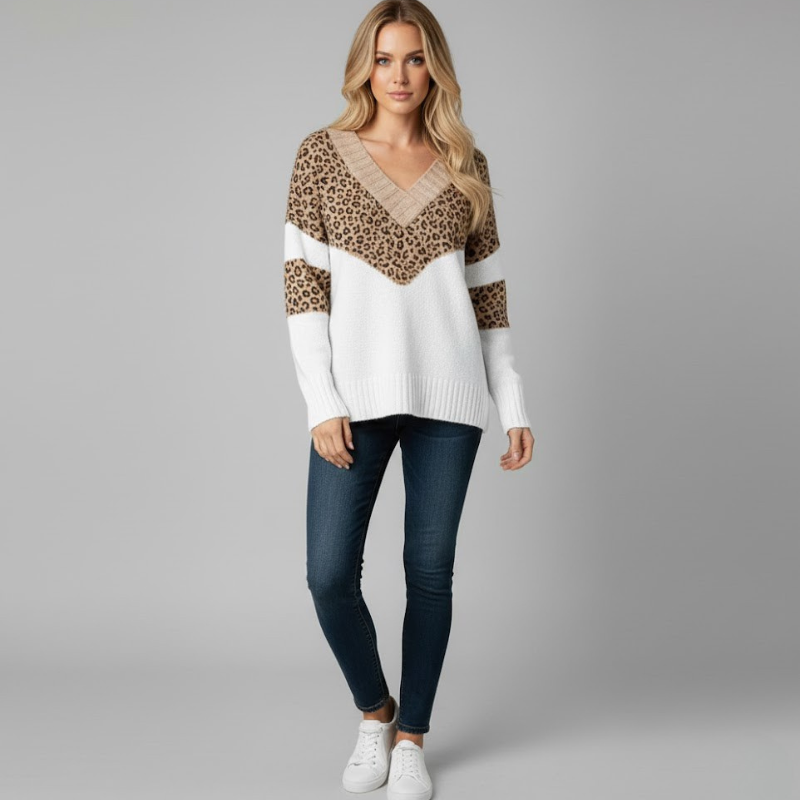 Elegancki sweter damski z dzianiny z dekoltem w serek – prosta, codzienna elegancja