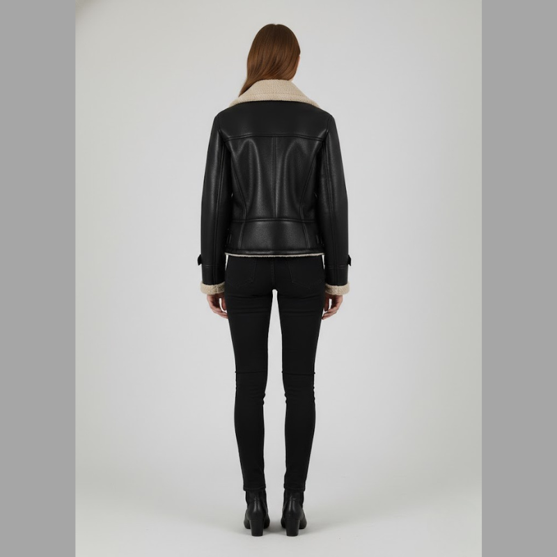 Wygodna damska kurtka typu bomber ze sztucznej skóry – modna kurtka z podszewką z materiału Sherpa