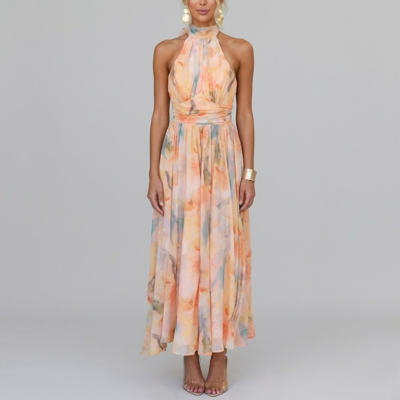 Elegant Women's Maxi Dress with Tie Back and Halter Neck – Flattering Shirred Waist