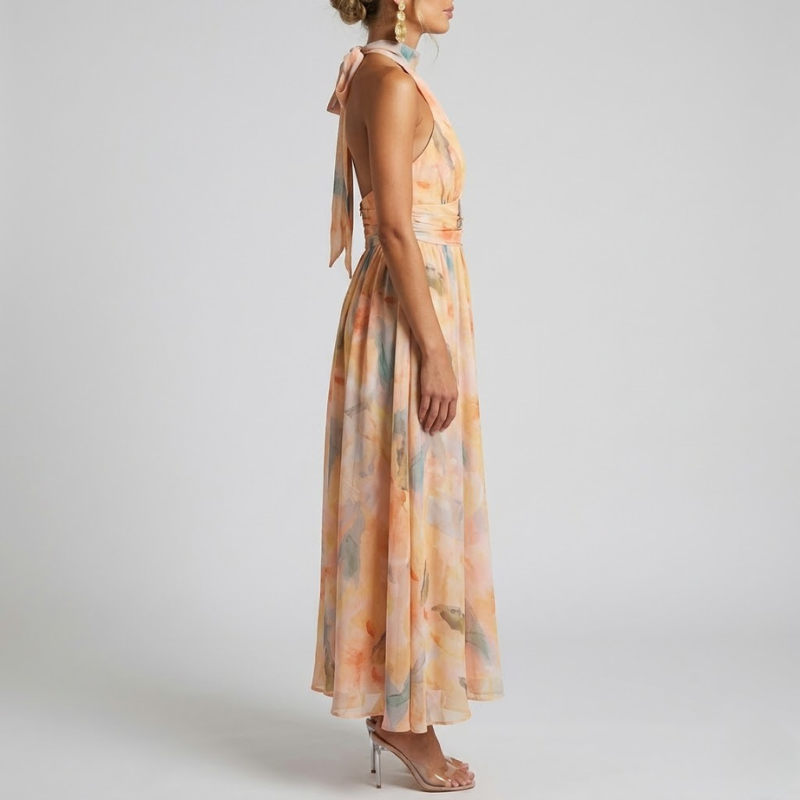 Elegant Women's Maxi Dress with Tie Back and Halter Neck – Flattering Shirred Waist