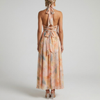 Elegant Women's Maxi Dress with Tie Back and Halter Neck – Flattering Shirred Waist