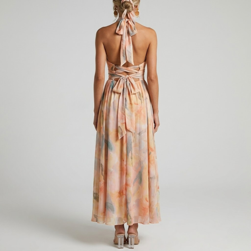 Elegant Women's Maxi Dress with Tie Back and Halter Neck – Flattering Shirred Waist
