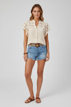 Women's Blouse with Embroidered V-Neck - Elegant, Solid, Patchwork, Casual, Chic Blouse