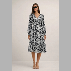 Elegant women's floral print midi dress - chic V-neck with gold buttons