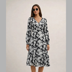 Elegant women's floral print midi dress - chic V-neck with gold buttons