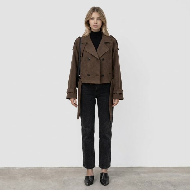 Damski płaszcz zamszowy o średniej długości – nowoczesna, swobodna, luksusowa odzież wierzchnia