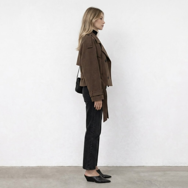 Damski płaszcz zamszowy o średniej długości – nowoczesna, swobodna, luksusowa odzież wierzchnia