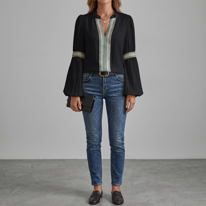 Bluzka z falbanką i haftem dla kobiet – bluzka z bufiastymi rękawami i długim rękawem