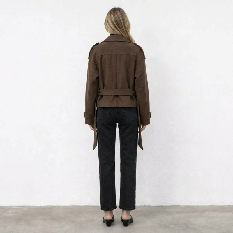 Damski płaszcz zamszowy o średniej długości – nowoczesna, swobodna, luksusowa odzież wierzchnia