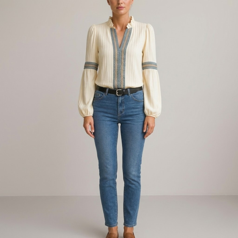 Bluzka z falbanką i haftem dla kobiet – bluzka z bufiastymi rękawami i długim rękawem